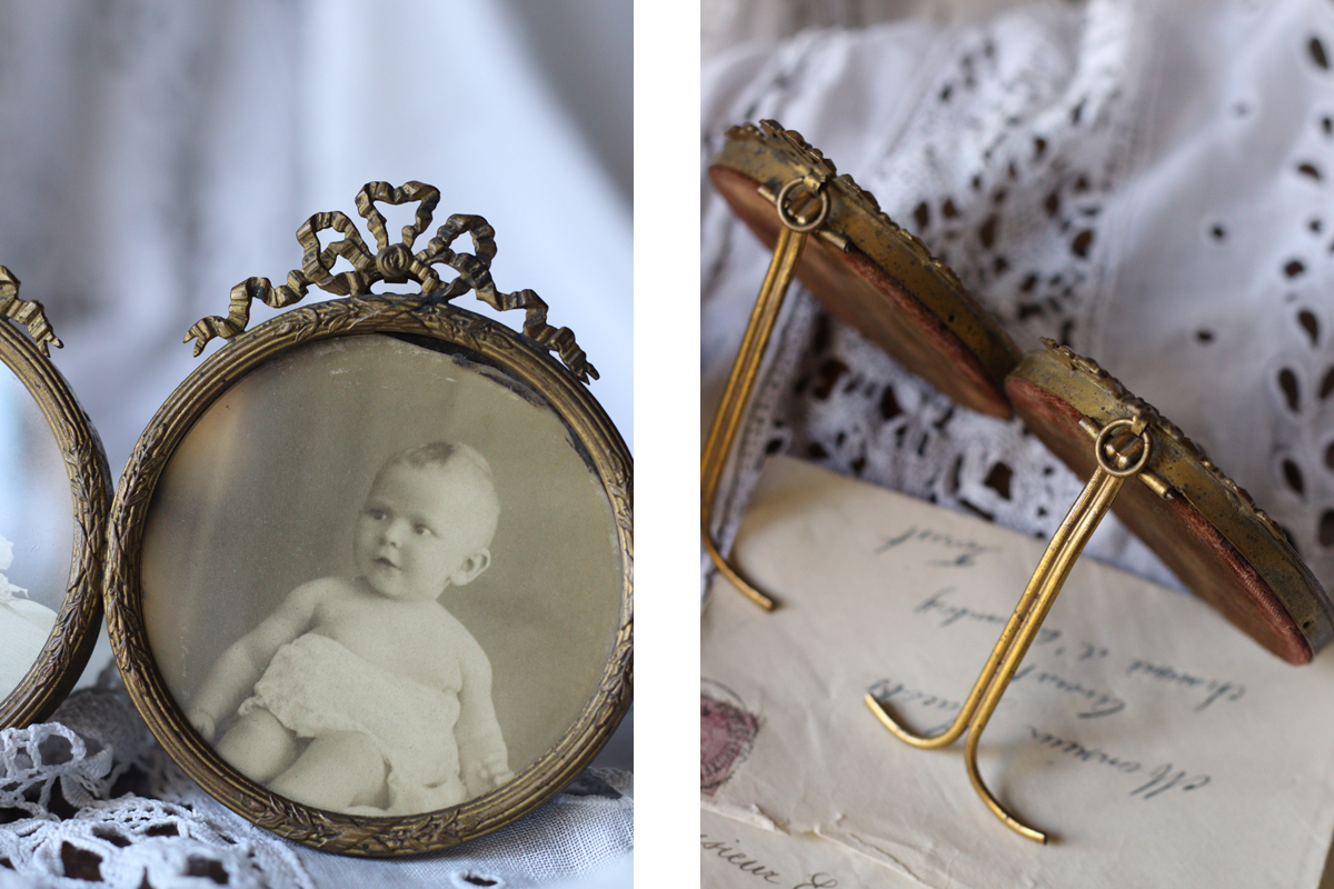 F48 フランスアンティーク リボンモチーフのダブルフレーム オルモル